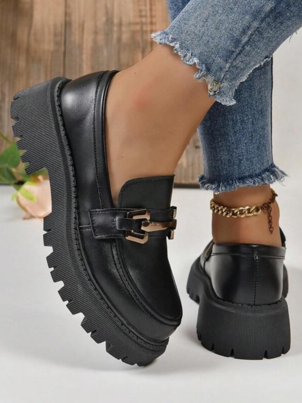 Black Chunky Platform Loafers with Gold Hardware - 9.5 - Picture 5 of 6